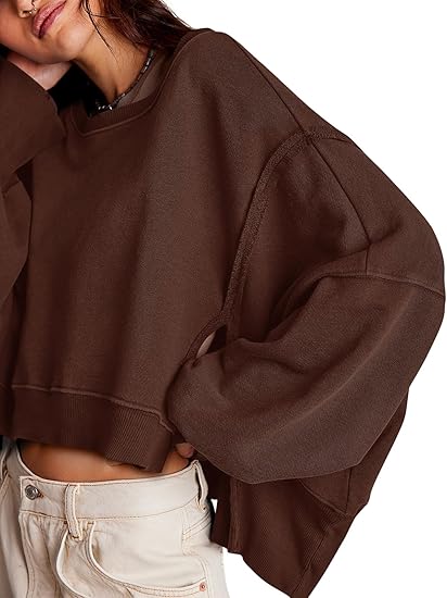 Women's Solid Color Cropped Crew Neck Sweatshirt with Side Split