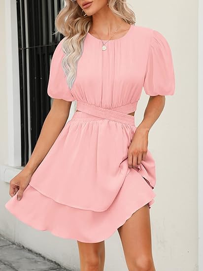 Women's Puff Short Sleeve Cut Out Backless Mini Swing Dress Zwurew Women's Puff Short Sleeve Cut Out Backless Mini Swing Dress Zwurew