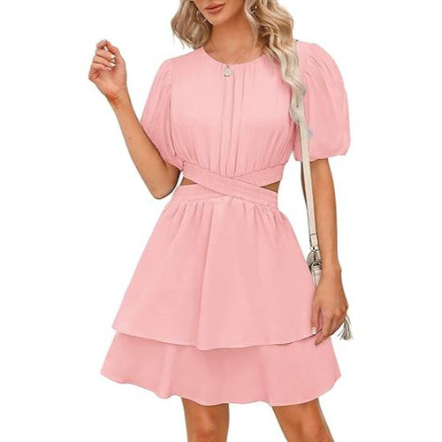 Women's Puff Short Sleeve Cut Out Backless Mini Swing Dress – Zwurew