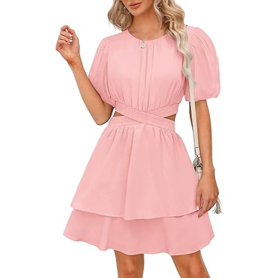 Women's Puff Short Sleeve Cut Out Backless Mini Swing Dress
