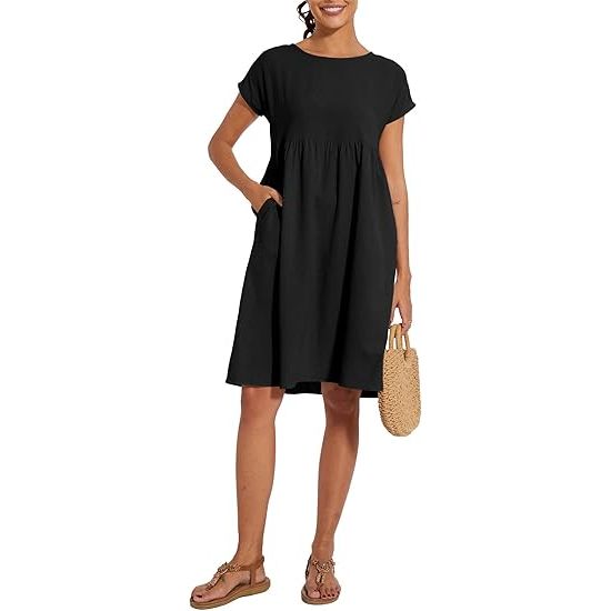 Women's Casual Crew Neck Short Sleeve High Waist Tunic Dress with Pockets