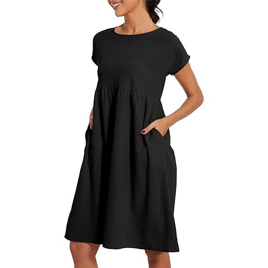 Women's Casual Crew Neck Short Sleeve High Waist Tunic Dress with Pockets
