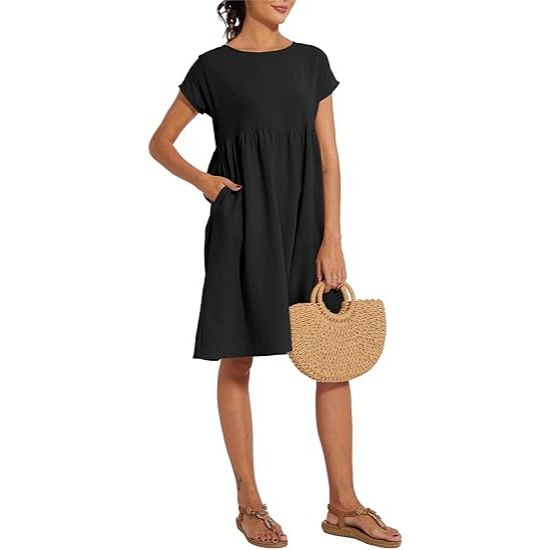 Women's Casual Crew Neck Short Sleeve High Waist Tunic Dress with Pockets