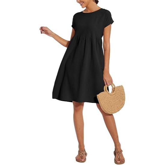 Women's Casual Crew Neck Short Sleeve High Waist Tunic Dress with Pockets