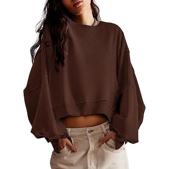 Women's Solid Color Cropped Crew Neck Sweatshirt with Side Split