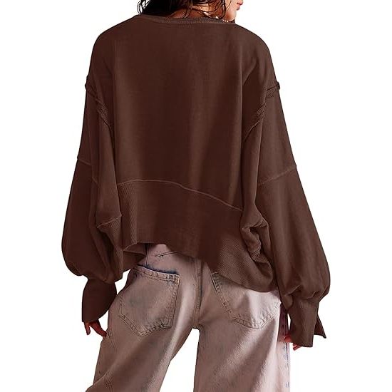 Women's Solid Color Cropped Crew Neck Sweatshirt with Side Split