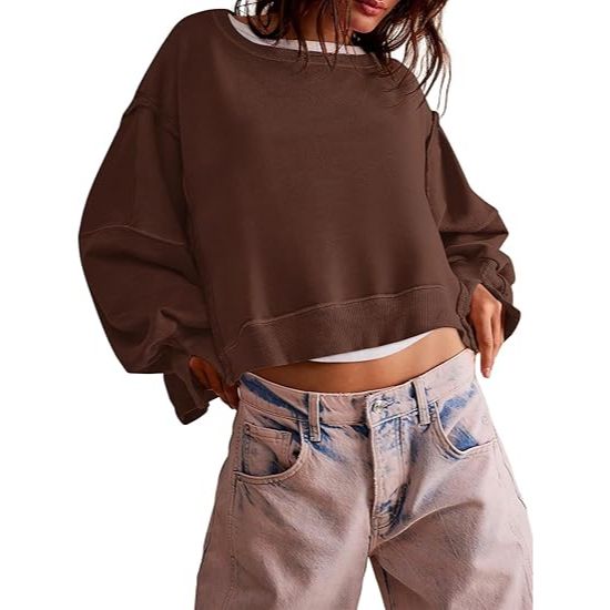 Women's Solid Color Cropped Crew Neck Sweatshirt with Side Split